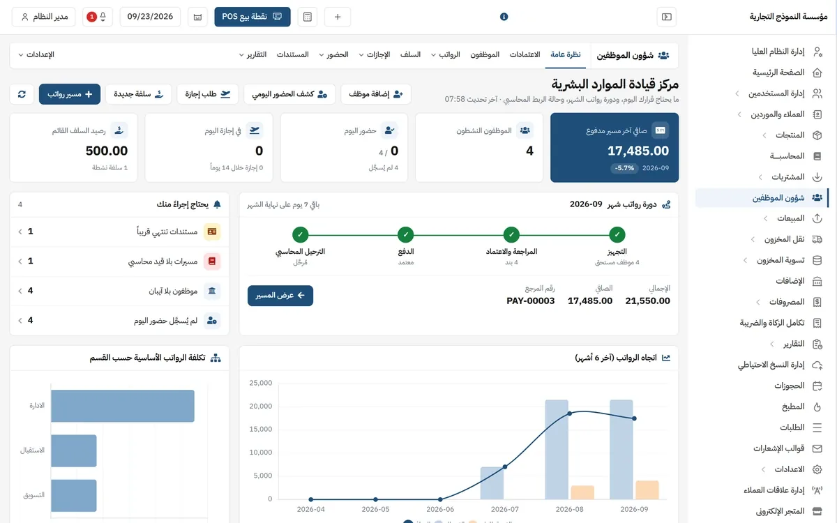 مركز قيادة الموارد البشرية: صافي آخر مسير رواتب مدفوع 17,485.00 ر.س، والموظفون النشطون والحضور والإجازات ورصيد السلف، ودورة رواتب الشهر بمراحلها (التجهيز، المراجعة والاعتماد، الدفع، الترحيل المحاسبي)، ورسم تكلفة الرواتب حسب القسم.