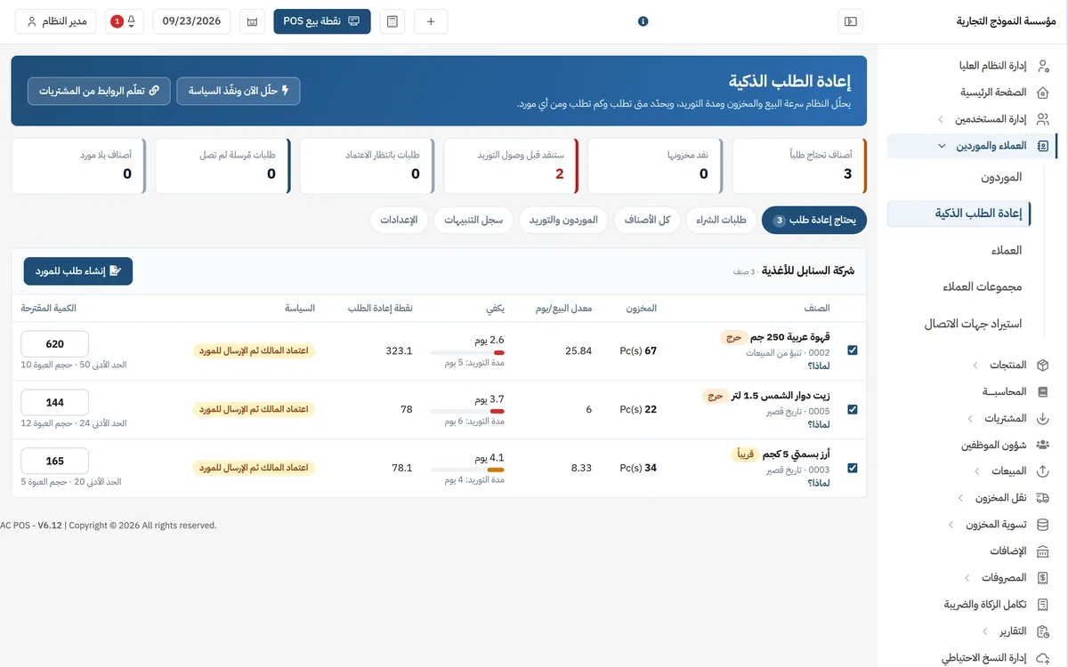 شاشة إعادة الطلب الذكية: ثلاثة أصناف تحتاج طلباً مجمّعة تحت المورد، ولكل صنف معدل البيع اليومي ومدة التوريد ونقطة إعادة الطلب والكمية المقترحة ورابط «لماذا؟» الذي يشرح القرار، مع سياسة «اعتماد المالك ثم الإرسال للمورد».